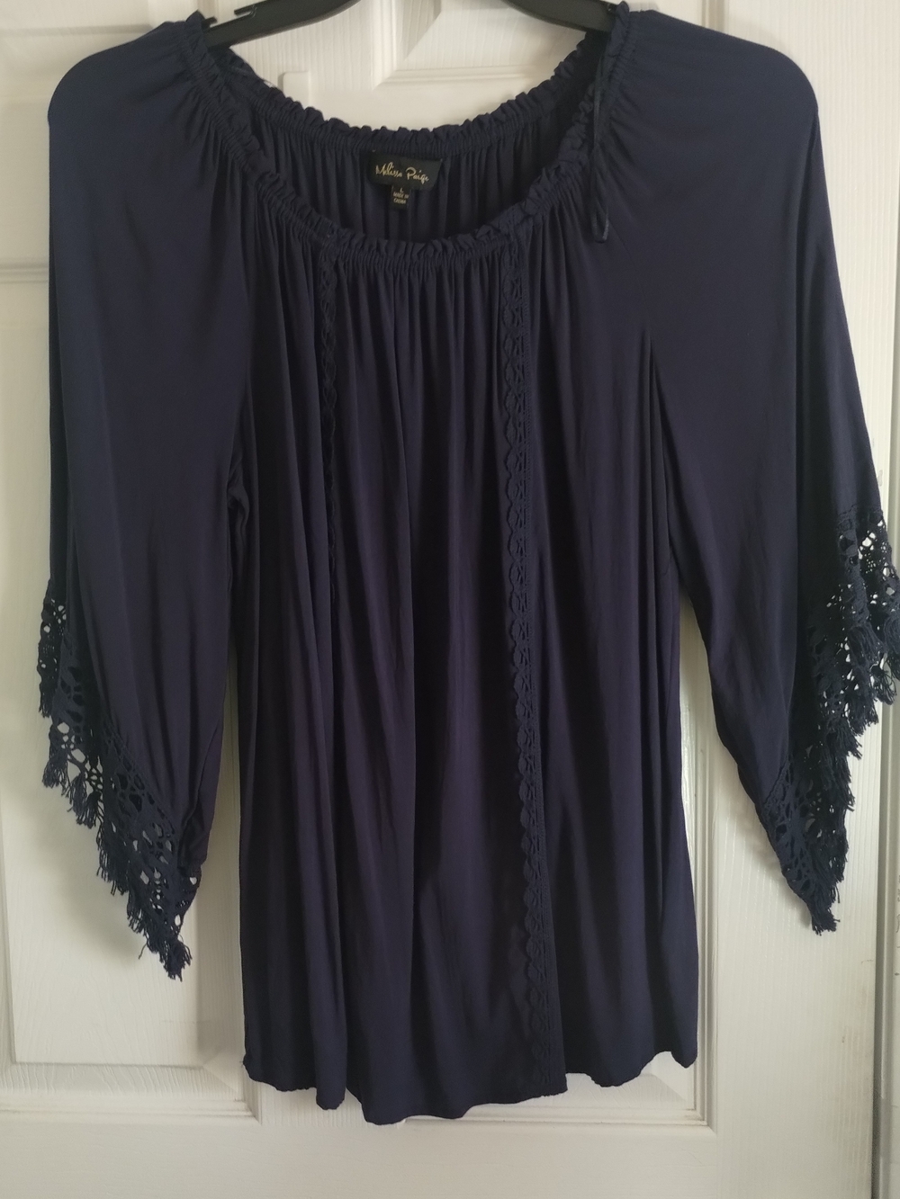 Melissa Paige Navy Crochet-Trim Sleeves Peasant Top